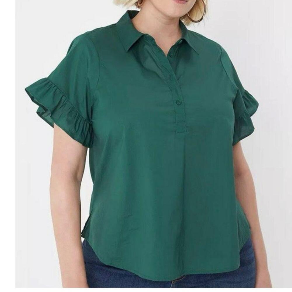 Lane Byant Ruffle Sleeve 1/2 Button Blouse in Hunter Green Size 22 NWT